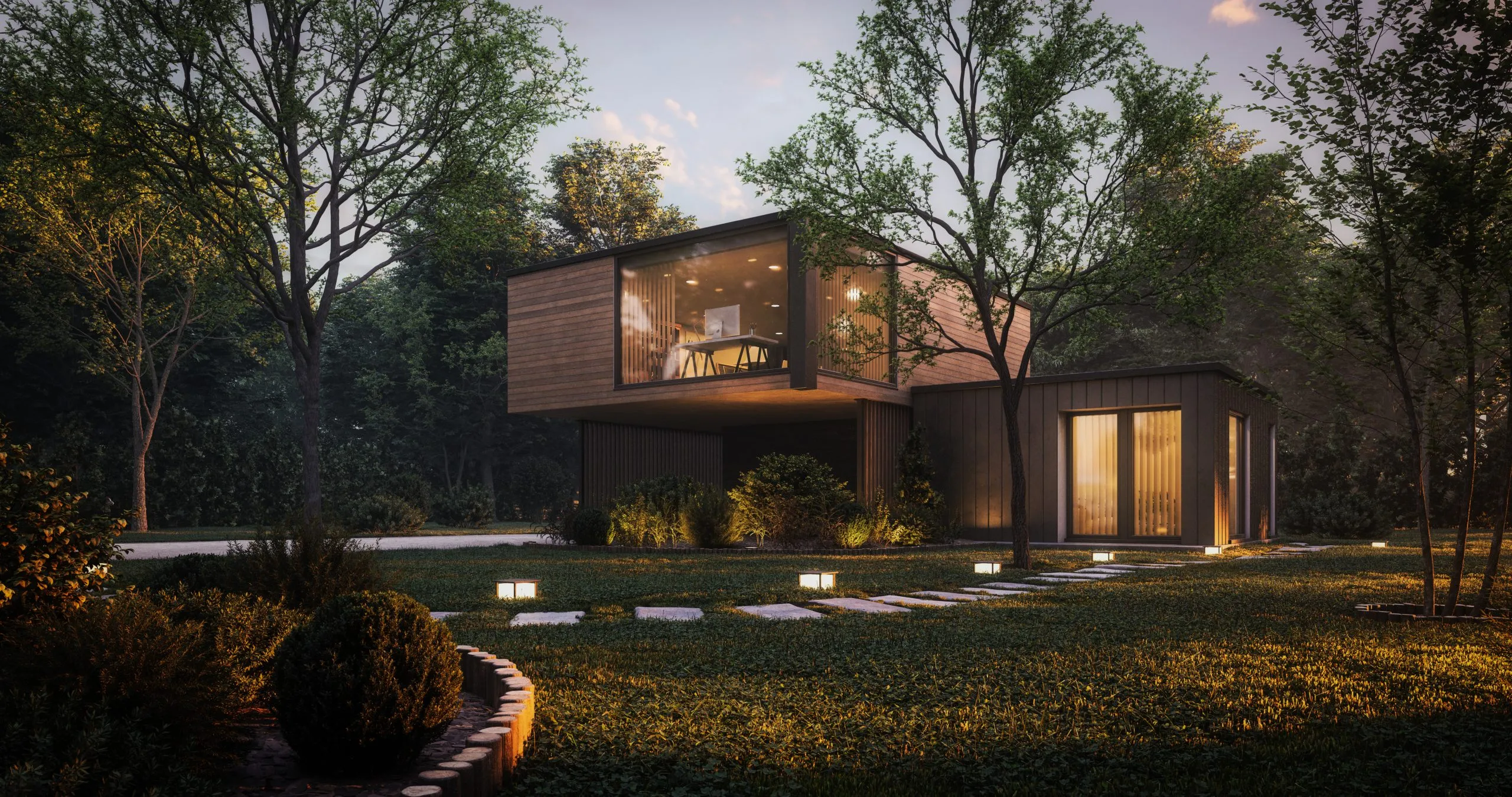 Contemporary home at dusk